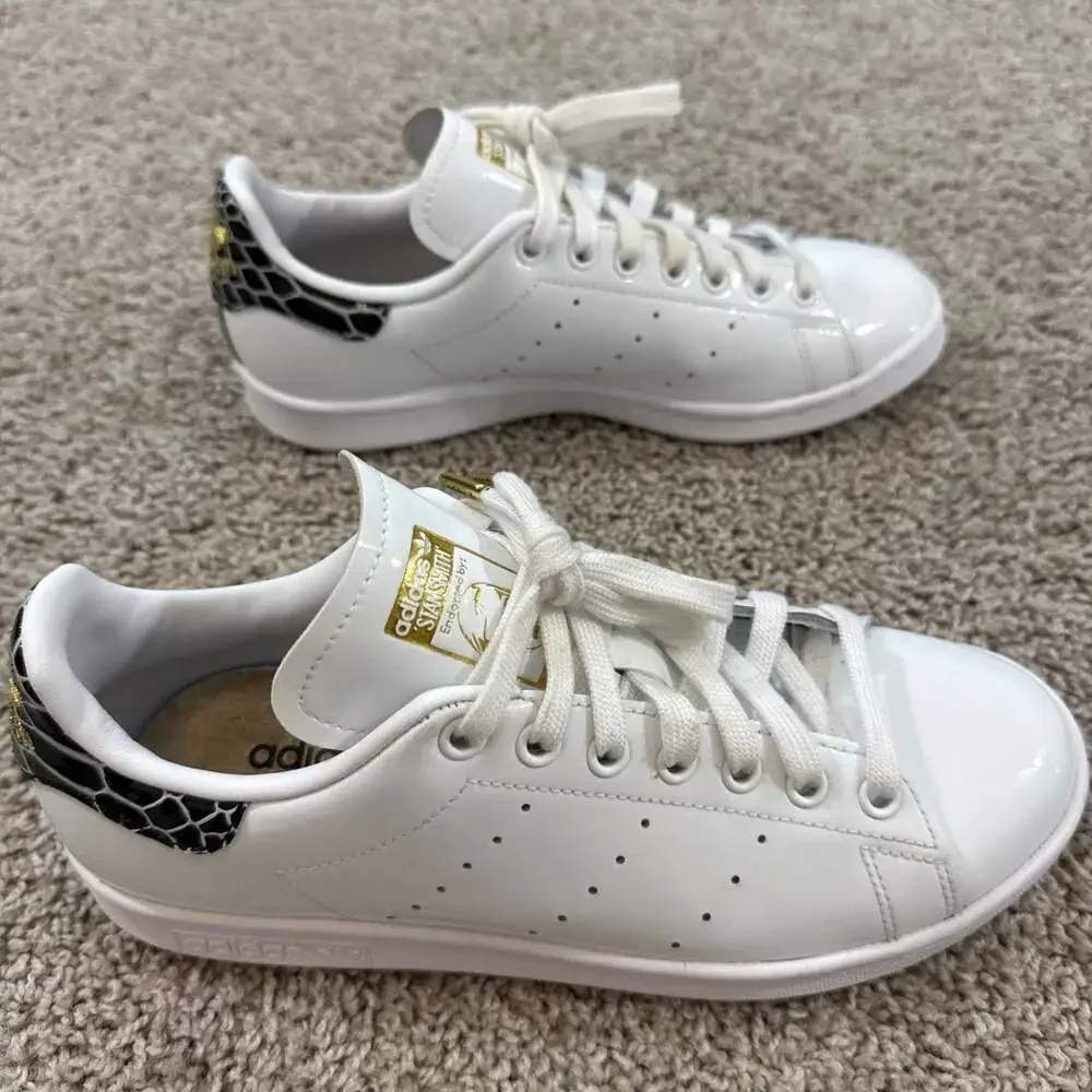 Adidas Stan Smith Womens 8 White Gold‎ Snake Heel Tab Leather Sneakers EUC